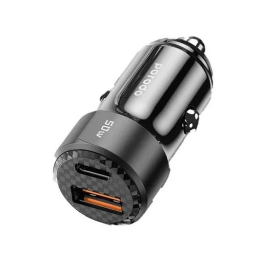 Porodo 50W Dual Port Car Charger PD 20W QC 30W with C to L Cable - Black